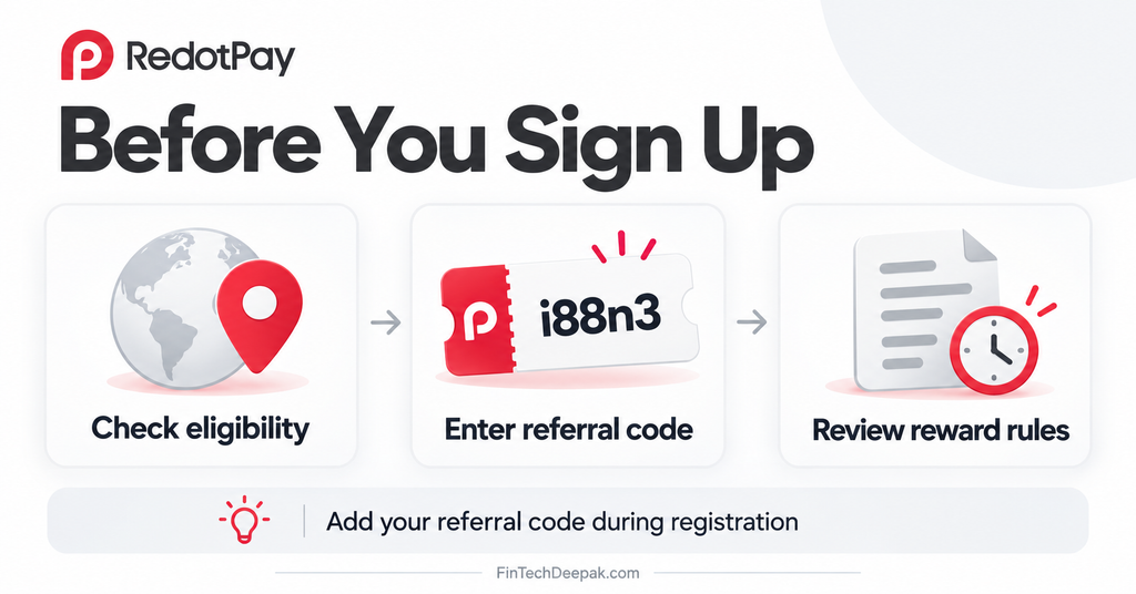 RedotPay signup checklist: check eligibility, enter referral code i88n3 and review reward rules.