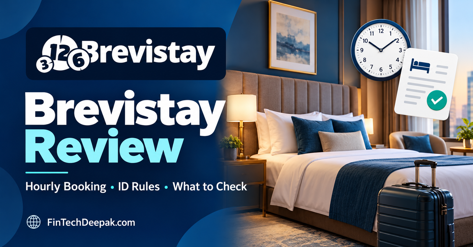 Brevistay review featured image with the official logo, hotel room, clock, suitcase and booking-confirmation symbol