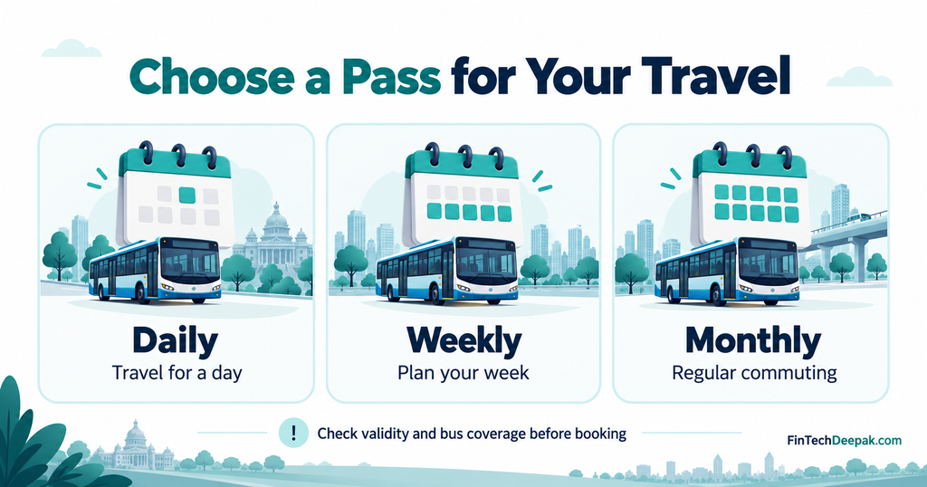 Daily, weekly and monthly Tummoc BMTC bus pass options with a reminder to check validity and bus coverage.