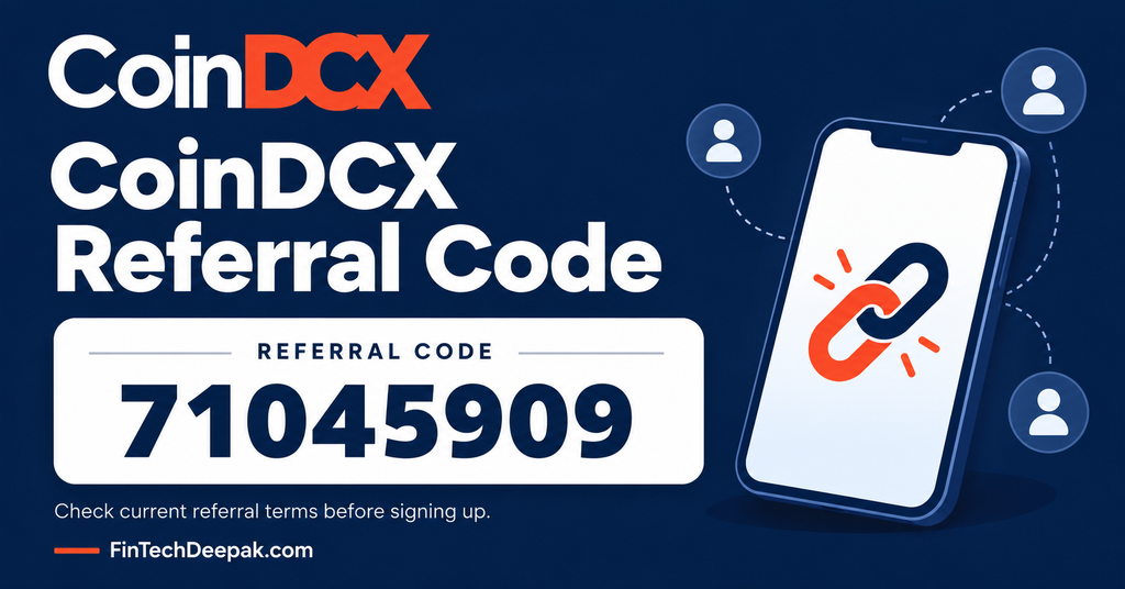 CoinDCX referral code 71045909 with CoinDCX logo and smartphone illustration on FinTechDeepak.com