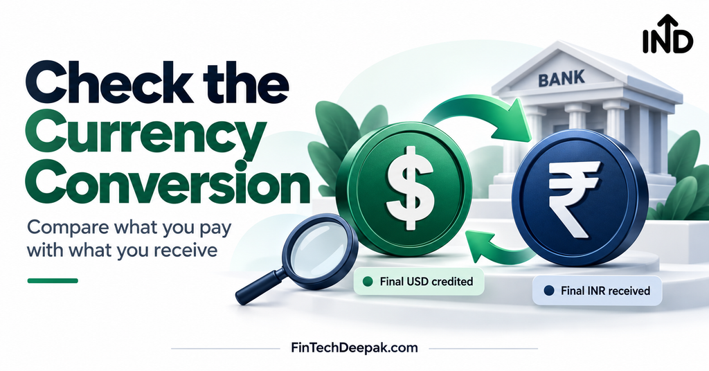 Dollar and rupee conversion illustration highlighting final USD credited and INR received.