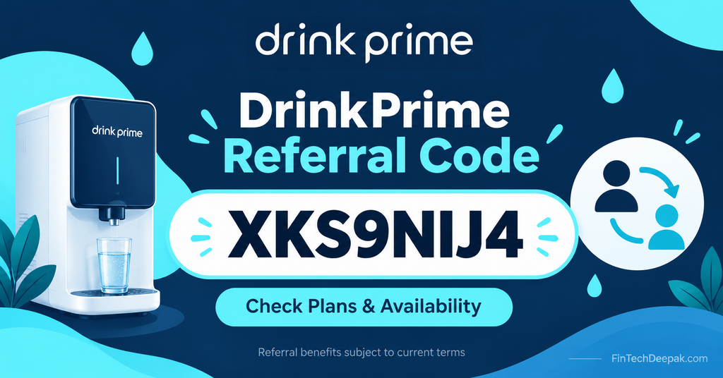 DrinkPrime referral code XKS9NIJ4 with purifier illustration and availability message