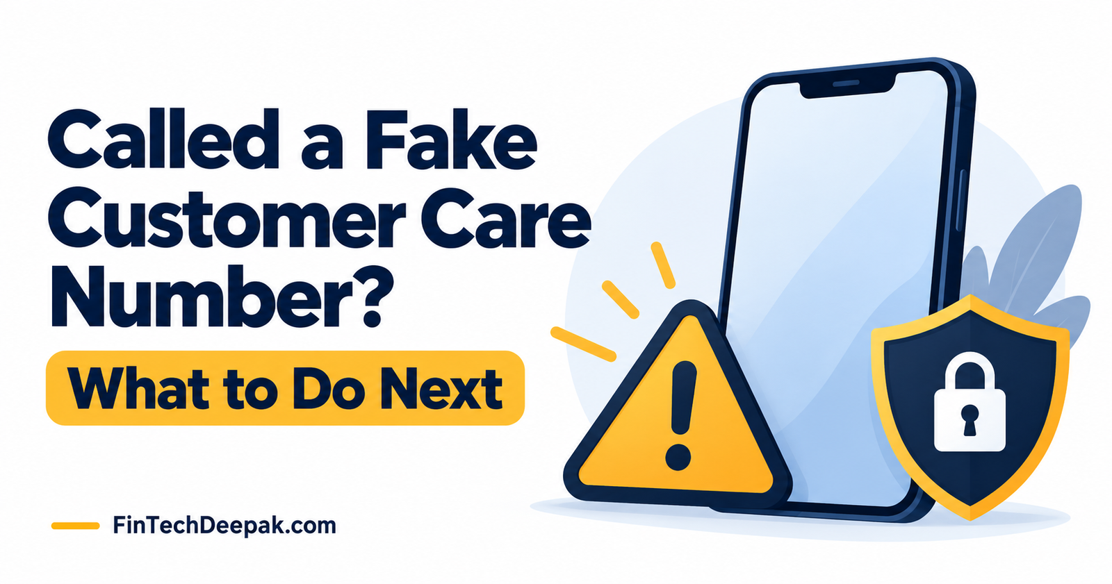 Called a fake customer care number? Smartphone illustration with a warning symbol and account-security shield.
