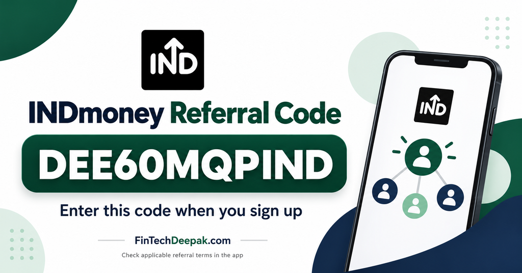 INDmoney referral code DEE60MQPIND with the INDmoney logo and referral illustration.
