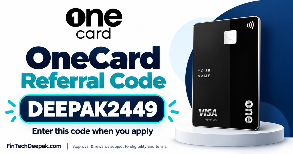 OneCard referral code DEEPAK2449 with the OneCard logo and black metal credit card design.