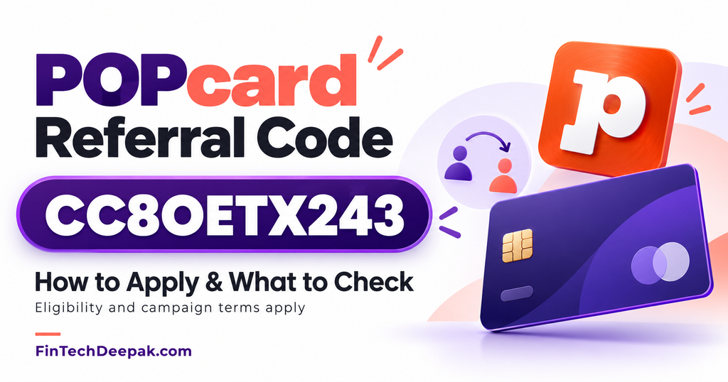 POPcard referral code CC8OETX243 with POP logo and credit card illustration.