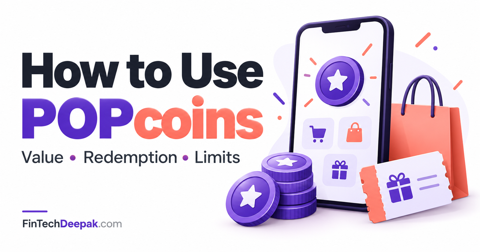 How to use POPcoins for shopping and vouchers, illustrated with a smartphone, reward coins and a shopping bag.