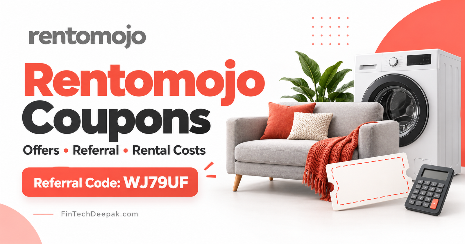Rentomojo coupons featured image with the official logo, sofa, washing machine and referral code WJ79UF