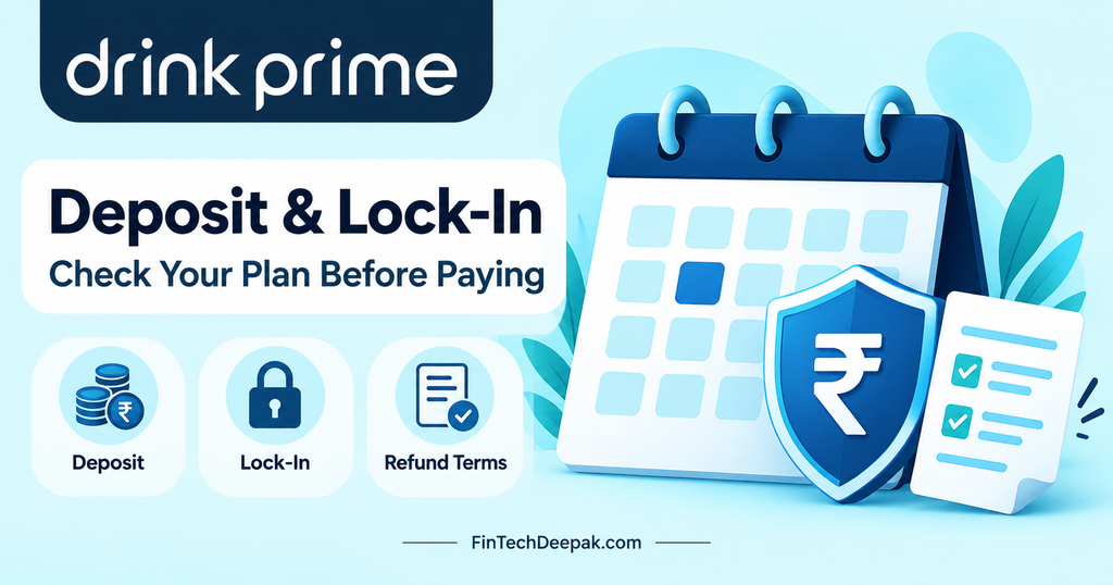DrinkPrime deposit, lock-in and refund terms illustrated with a calendar and checklist