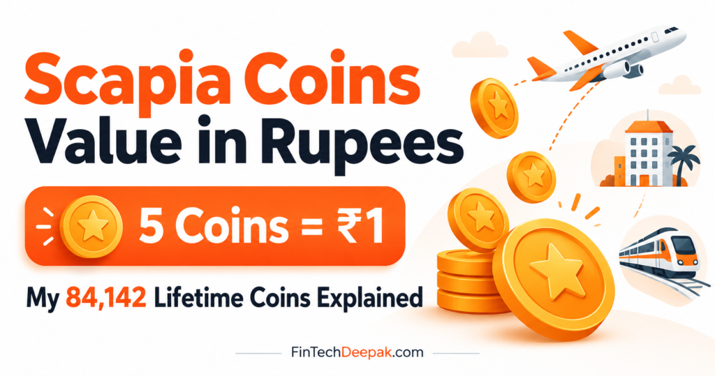 Scapia coins value in rupees: 5 coins equal ₹1, with my 84,142 lifetime coins explained.