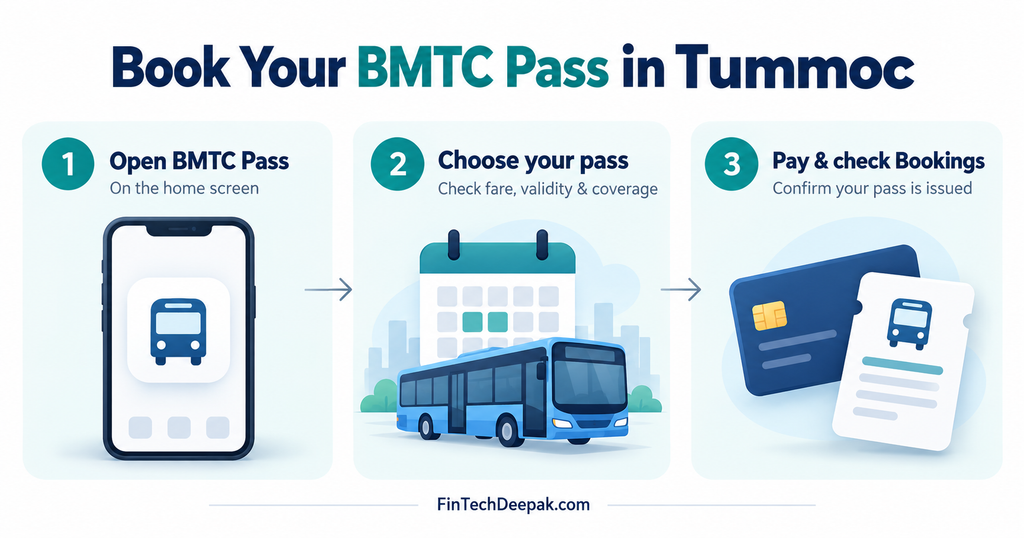 Book a BMTC pass in Tummoc: open BMTC Pass, choose your pass, pay and confirm issuance in Bookings.