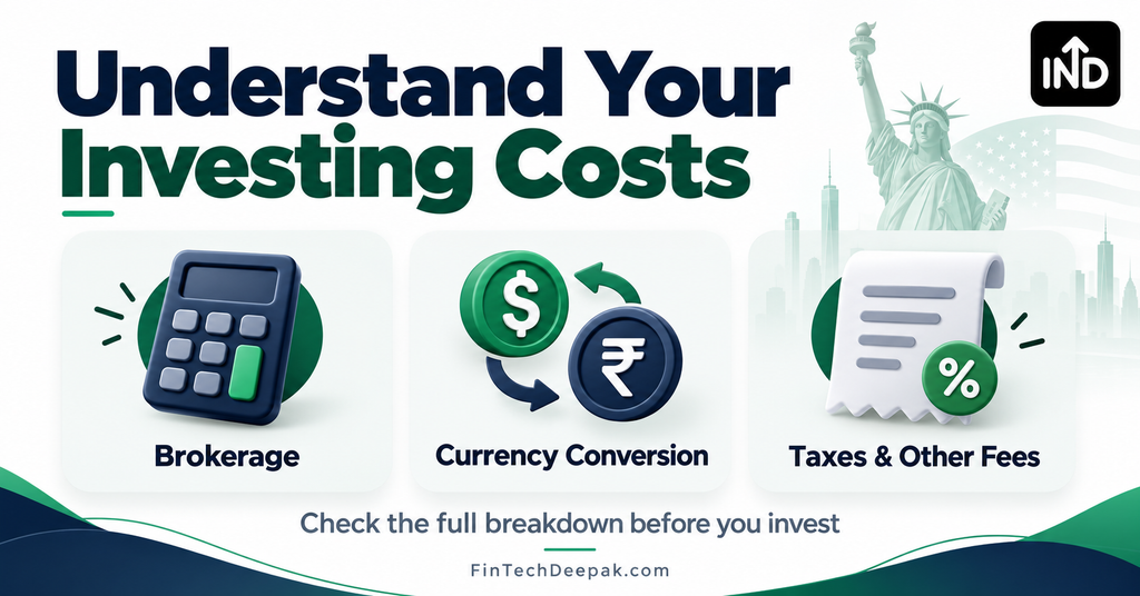 INDmoney US stocks charges showing brokerage, currency conversion, taxes and other fees.
