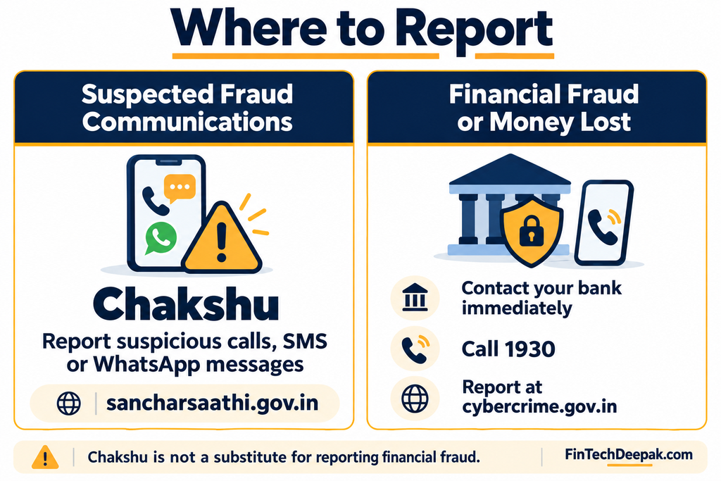 Reporting options showing Chakshu for suspicious communications and bank support, 1930 and cybercrime.gov.in for financial fraud.